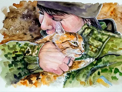 Original Watercolor Painting - Ukrainian Soldier Woman with Cat, army art cat hand painted handmade painting pet ukraine war woman