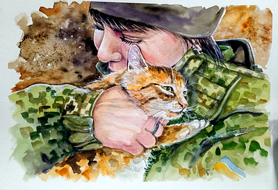 Original Watercolor Painting - Ukrainian Soldier Woman with Cat, army art cat hand painted handmade painting pet ukraine war woman