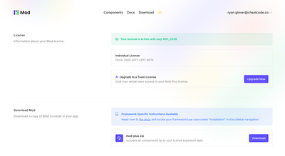 Mod Accounts Dashboard account address app billing dashboard download license payments preferences profile settings team teams