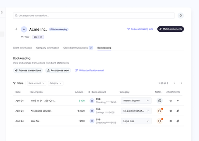 Bookkeeping accounting artificial intelligence automation b2b bookkeeping data visualization finance app fintech design flows product design productivity tool tax firm tax firms tax software transaction management ui uiux ux uxui design workflow automation