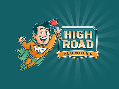 High Road Plumbing character home service illustration logo mascot plumbing super hero