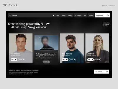 Corecruit – Design for AI-powered HR-tech Service ai ai powered clean ui design digital experience hiring platform hr hr tech innovation landing page minimalism modern ux product design talent matching teamwork ui user experience uxui webdesign website