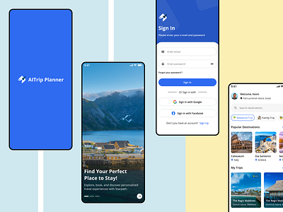 Trip Planner - Mobile Application Design 2025 app design ai app ai mobile app airbnb android artificial booking branding design 2025 holiday hotels login onboarding splash stay travel trending app trip plan vacation world