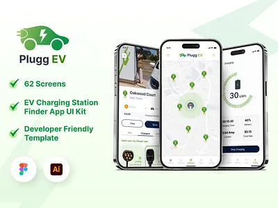 Plugg EV – 62 Editable Screens EV Charging Station Finder UI Kit charging station finder clean uiux ev app ui kit figma ui kit mobile app design