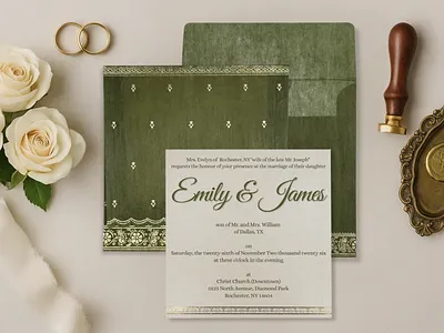 Dark Olive Green Wooly Foil Stamped Wedding Card custom gold foil invitations