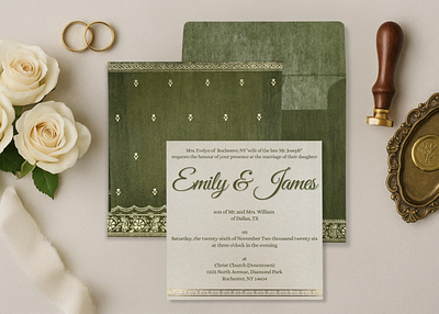 Dark Olive Green Wooly Foil Stamped Wedding Card custom gold foil invitations