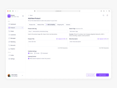 Add New Product, SEO & Visibility dashboard design marketplace saas seller panel typography ui ux ınput