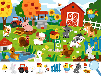 Cute farm animals - wimmelbook page for kids adobe illustrator animals cartoon character character design children cute educational farm for kids hidden objects illustration seek and find vector wimmelbook wimmelbuch