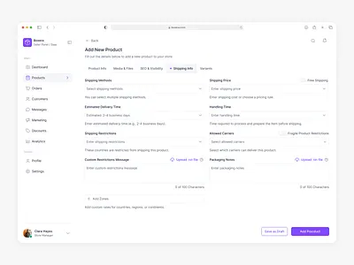 Add New Product, Shipping Info dashboard design marketplace saas seller panel typography ui ux ınput