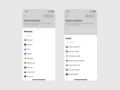 Crypto Network & Asset Selection app app design asset crypto design interface ui ui design uiux ux design web3