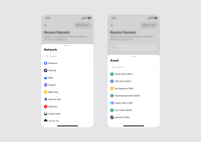 Crypto Network & Asset Selection app app design asset crypto design interface ui ui design uiux ux design web3