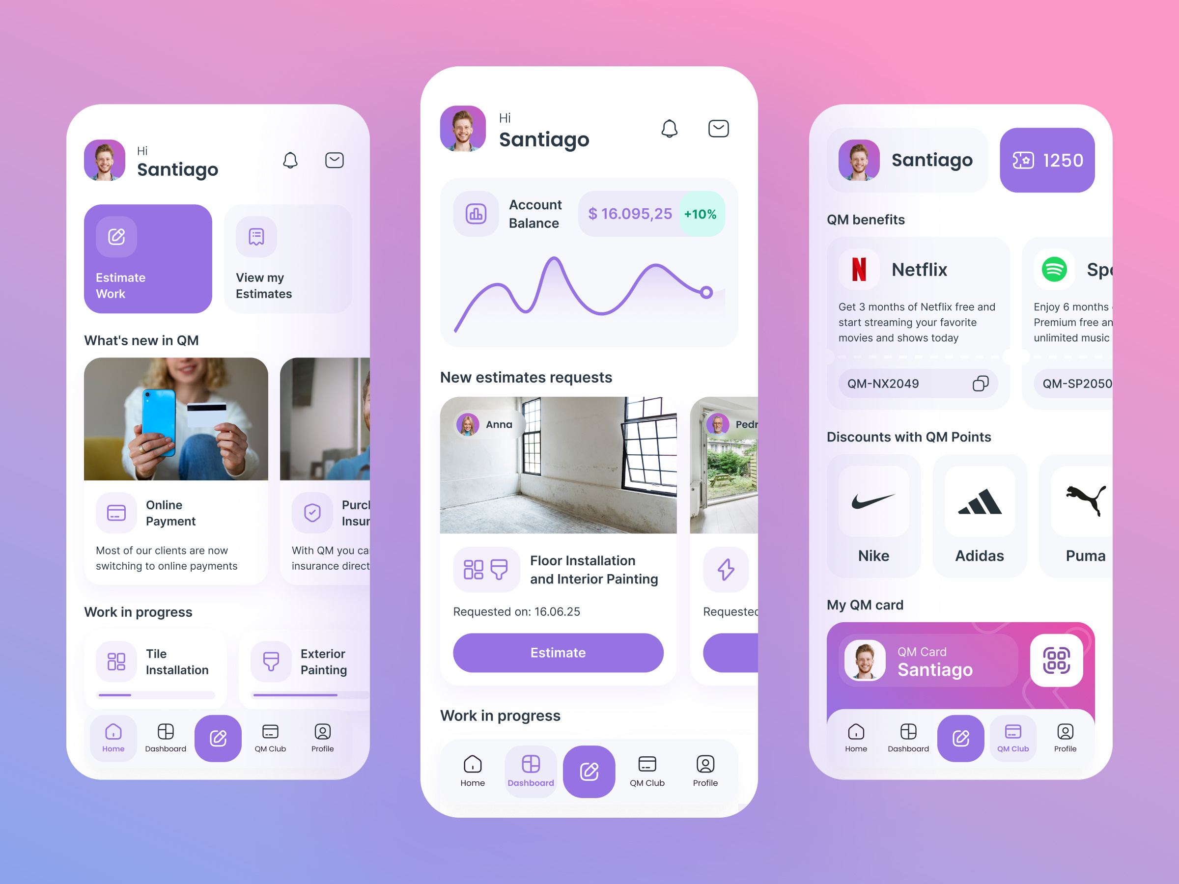 QM App Design app dashboard home mobile app mobile first platform profile screen startup ui ui design ux uxui design visual visual design