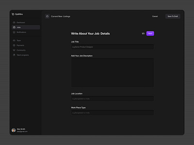Job Posting Flow – SaaS Dashboard UI clean ui dark mode dashboard ui design system enterprise saas design form ui hiring hr job posting mvp product design product flows productivity saas saas agency saas dashboard saas design saasfactor ux optimization web app