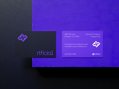 Rtificial Business Card 🪪 artificial intelligence brand assets brand identity brand recognition branding business card card clean code coding futuristic letter r lettermark modern product design programming purple branding stationary technology visiting card