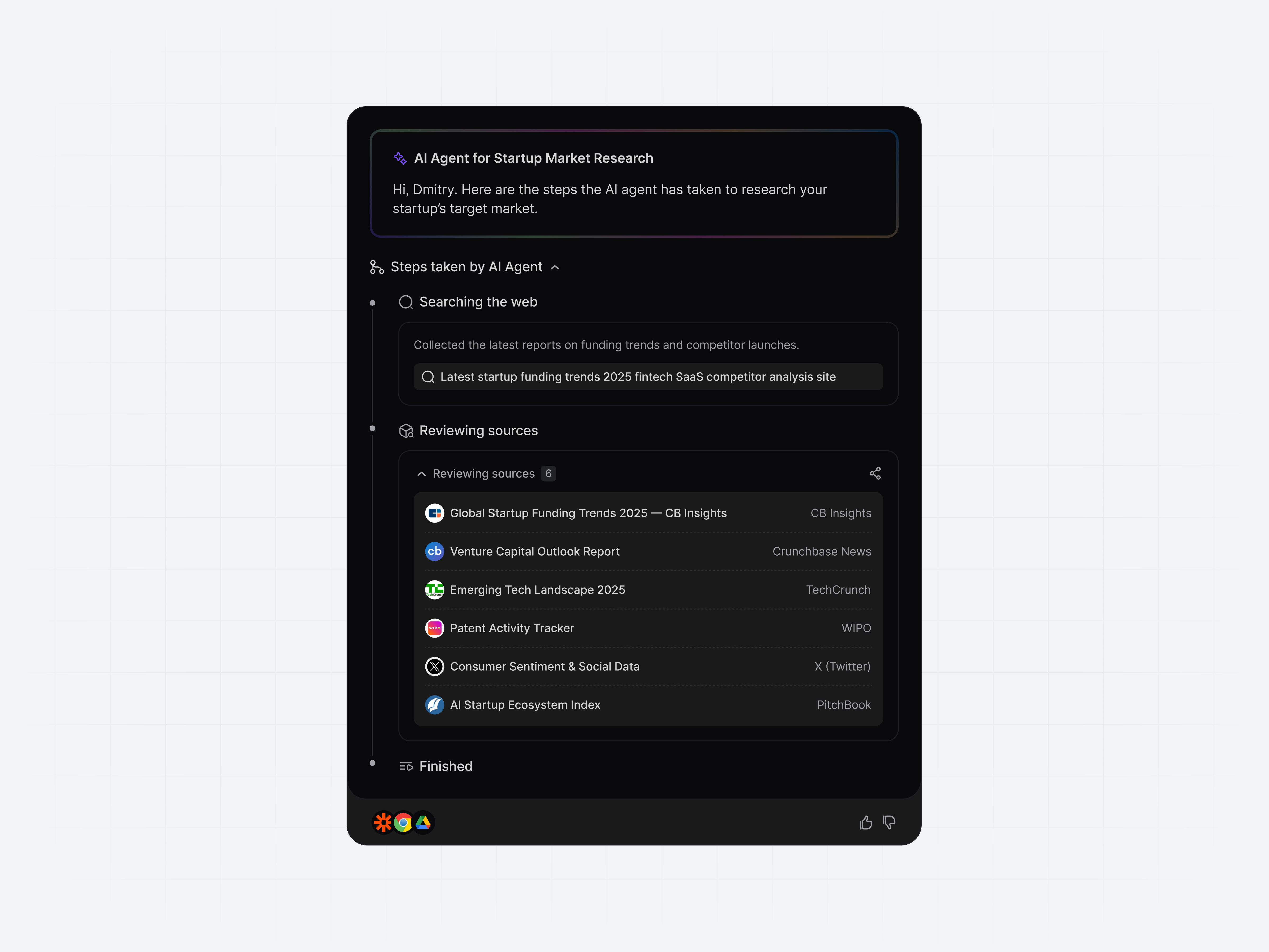 AI Agent Tracker — Dark Mode agent agent design agent ux ai activity ai agent ai copilot ai interface ai step log ai tools components dark mode dark ui deep research llm research assistant research tracker startup tracker ui
