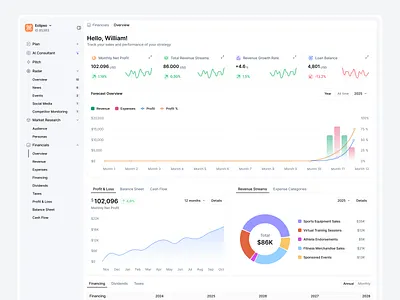 Financial Overview Dashboard analytics balance sheet balance tracker cash flow chart interface dashboard dashboard design donut chart financial dashboard financial overview financing kpis metrics profit revenue saas saas platform sales startup widget