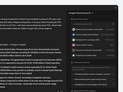 AI Agent Task Summary UI agent workflow ai ai agent ai analyst ai interface ai research assistant copilot ui dashboard research assistant research copilot research view saas source panel summary ui summary ux task summary task view