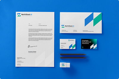 NorthStack AI – Premium Stationery Design brandcollateral brandidentity branding brandkit business cards businesscarddesign design envelope graphic design idcarddesign letterheaddesign logo minimalist minimalstationery modern printdesign professional professionaldesign stationerydesign typography