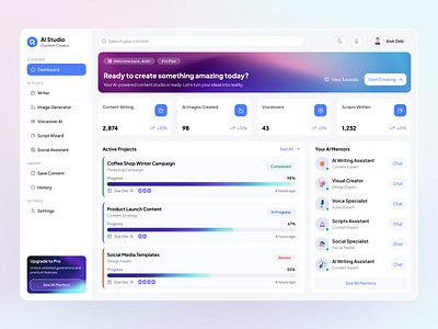 AI Studio – Content Creator Dashboard ai aiux anikdeb best designer contentcreator dashboard dashboard designer design system designer dribbble best shot interfacedesign ireland productdesign saasdesign top designer uxdesign uxui webappdesign