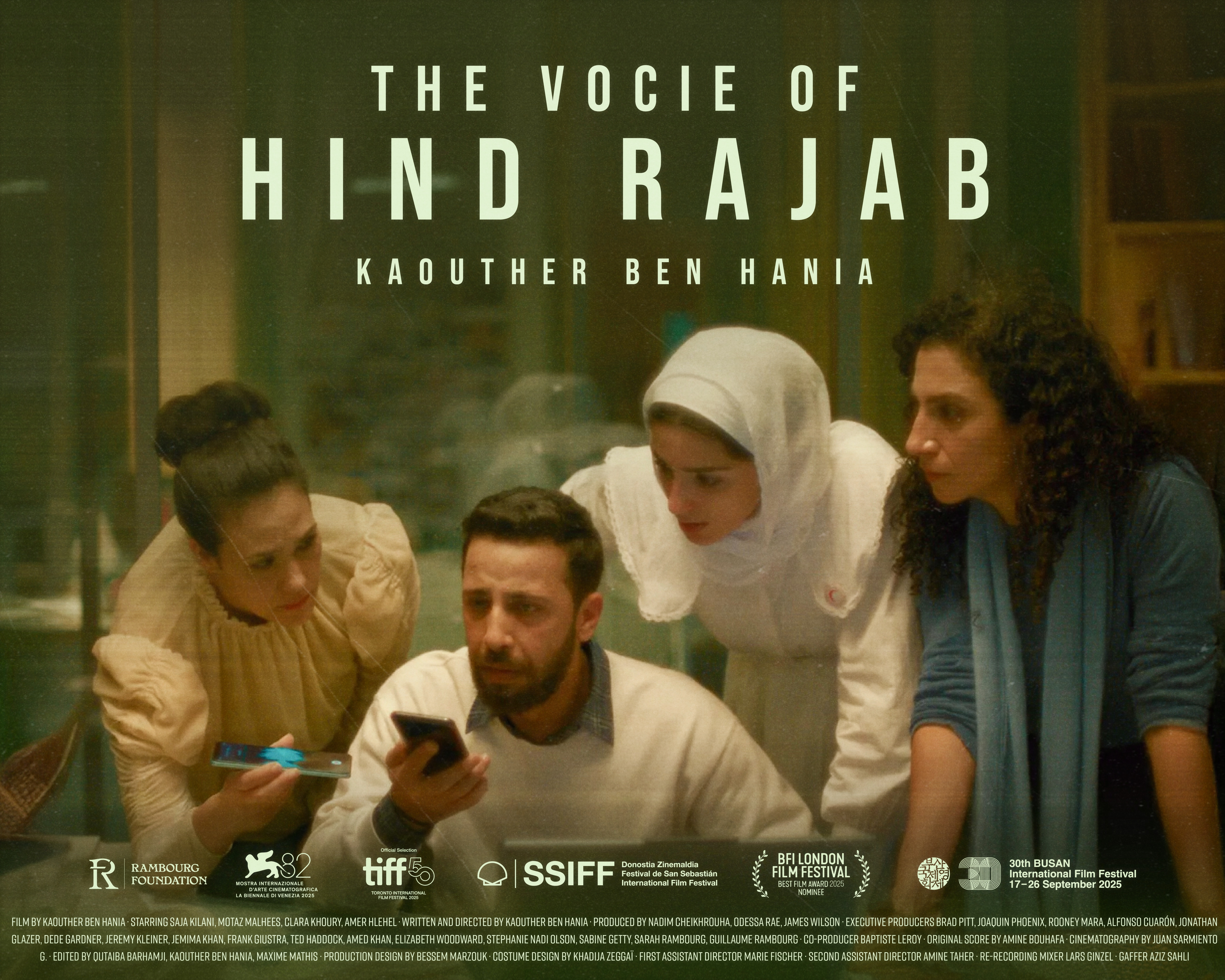 The Voice of Hind Rajab 2025 | Poster amer hlehel clara khoury hind rajab james wilson joaquin phoenix kaouther ben hania mohdnourshahen motaz malhees nadim cheikhrouha rambourg foundation saja kilani sarah ben hsouna sarah rambourg the vocie of hind rajab سارة بن حسونة سارة رامبورغ صوت هند رجب كوثر بن هنية هند رجب
