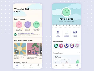 Mood-Tracking Meditation App app cute ui design graphic design meditation app mood tracker mood tracking ui ux