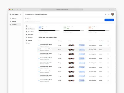 Property Management SaaS Dashboard – Due Diligence Task Flow admin dashboard enterprise dashboard fintech ui property management real estate dashboard saas dashboard transaction flow uiux design web app design web design workflow management