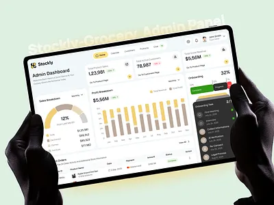 Stockly - Grocery Admin Panel admin panel clean ui dashboard data visualization grocery dashboard inventory management kip card modern dashboard onboarding order tracking product management profit breakdown retail management saas dashboard sales analytics store management table design uiux design web app design
