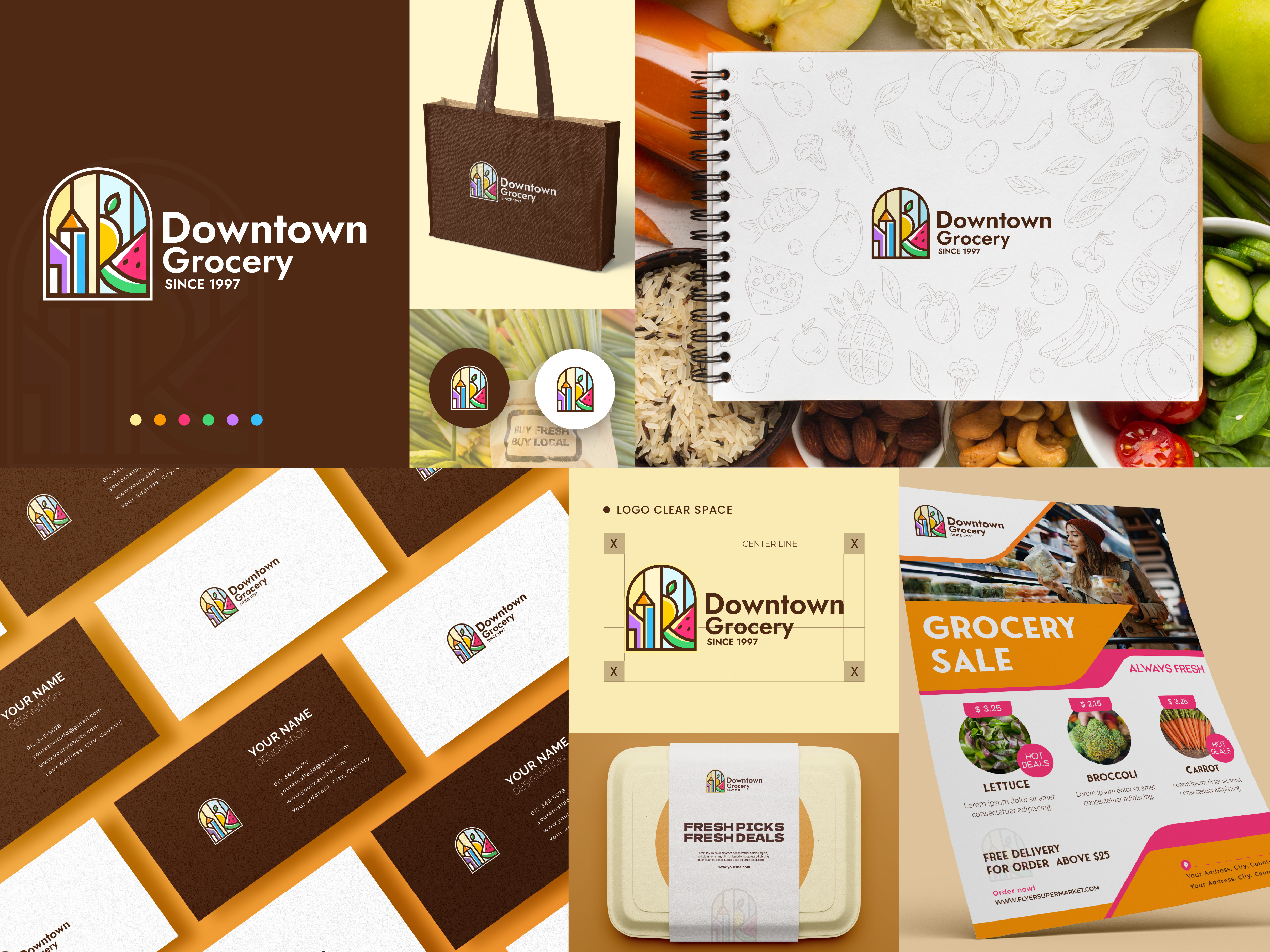 Downtown Grocery – Fresh & Local Brand Identity adobe brandidentity branding colorfulbranding foodpackagingdesign freshidentity graphic design grocerybranding illustrator localmarketlogo logo logo design modernlogodesign organicvibes shopbranding sustainablebranddesign