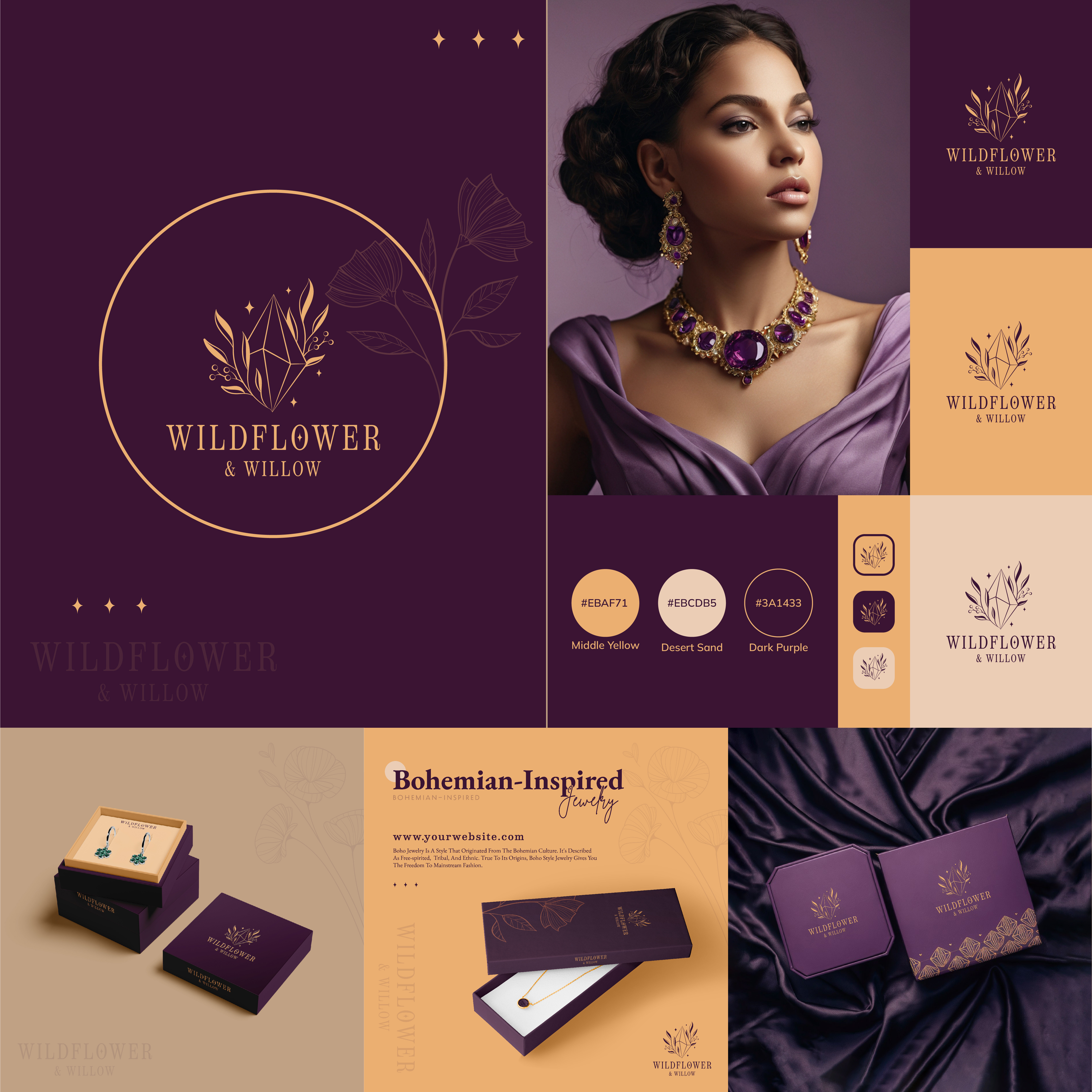 Wildflower & Willow – Elegant Jewelry Branding & Packaging bohemian design brandidentity branding elegant femininelogo floral motif graphic design handdrawnlogo jewelry branding logo logo identity logodesign luxury packaging luxurylogo product presentation