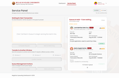 Bulacan State University Queueing System – Teller Dashboard application branding dashboard design graphic design minimalist queueing system ui uiux webapplication website