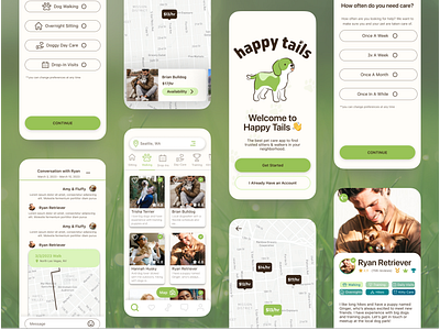Happy Tails - Dog Walking App clean dog walking green app happy tails product design ui ux ux design