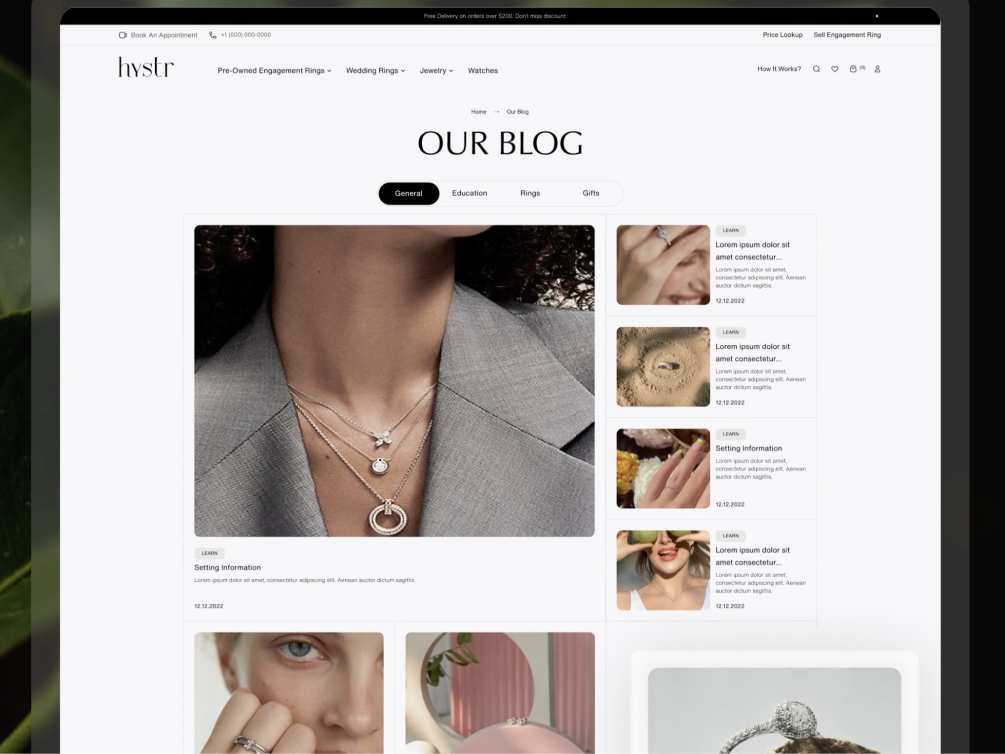 Crafting a Blog Experience for Modern Luxury 3d animation app blog branding card design diamond ecommerce jewelry life luxury motion graphics premium product shop store tennis ux web