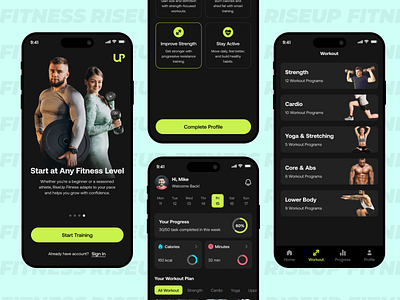 RiseUp Fitness App animation app app design clean app ui dark theme dark ui exercise app fitness app graphic design gym app inspiration logo minimalist modern app motion graphics sport app ui ui ux design yoga app