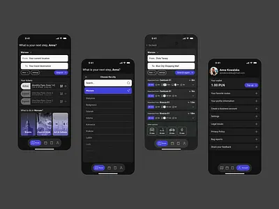 City travel app interface design black dark theme design mobile app travel ui interface ui ux violet