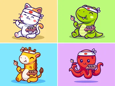 Sushi Lover🐱🦕🦒🐙 animals branding cat character cute dinosaur doodle eating flat food giraffe icon illustration japan logo octopus rice salmon seaweed sushi
