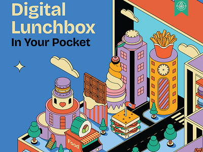 Digital Lunchbox Illustration Detail advertising campaign banner branding city design flat food illustration fries icon illustration macaroon nostalgia pattern poster retro sandwich sushi sweets vector illustration