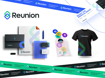 Reunion-Branding, Logo design, Visual identity brand identity branding business clean concerts corporate events corporate logo design event event logo graphic design logo minimal organising events reunion sass team ticket ui visual design