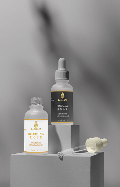Luxury Face Serum Packaging Design – Radiance Blooming Rose cosmetics branding cosmetics label design face serum label design luxurious cosmetics label design natural skincare packaging premium cosmetics label design premium face serum label design premium skincare branding serum box design skincare brand identity vitamin c serum label design