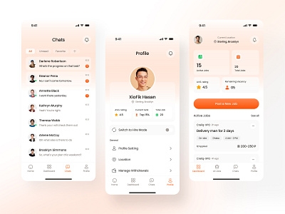 Job Finder Mobile App – Chat & Profile UI career app ui chat screen ui clean mobile app design dashboard mobile ui gradient mobile ui job finder app job hiring platform job listing ui job marketplace app job posting ui job recruitment app job search ui messaging app ui minimal app ui mobile app ui mobile dashboard ui modern job app ui onboarding job app profile screen design ui ux design mobile