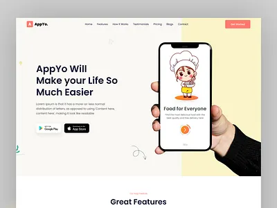 AppYo - Food App Landing Page app landing page ui clean modern uiux design digital payments ui food delivery app food ordering website food tech design landing page design mobile app design online ordering platform restaurant app design restaurant delivery service ui uiux uiux design web ui website website design website ui desing