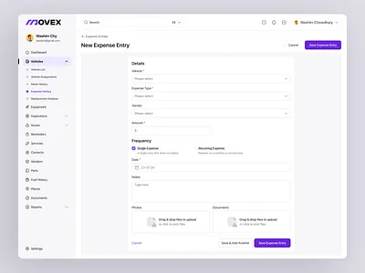 Movex SaaS - New Expense Entry activity add details analytic driving entry expense fleet form information input management saas saas webapp service ui uiux vehicle website