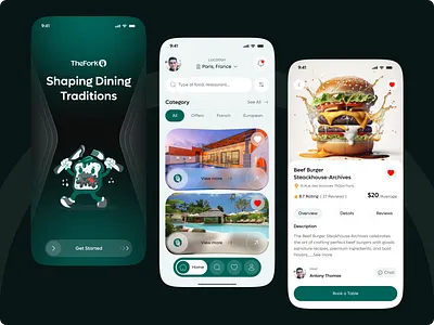 Smart Restaurant Booking App - The Fork 🍽️ android app application booking branding design flat food food app design food delivery food restaurant ios meal mobile app online food order restaurant app ui ux