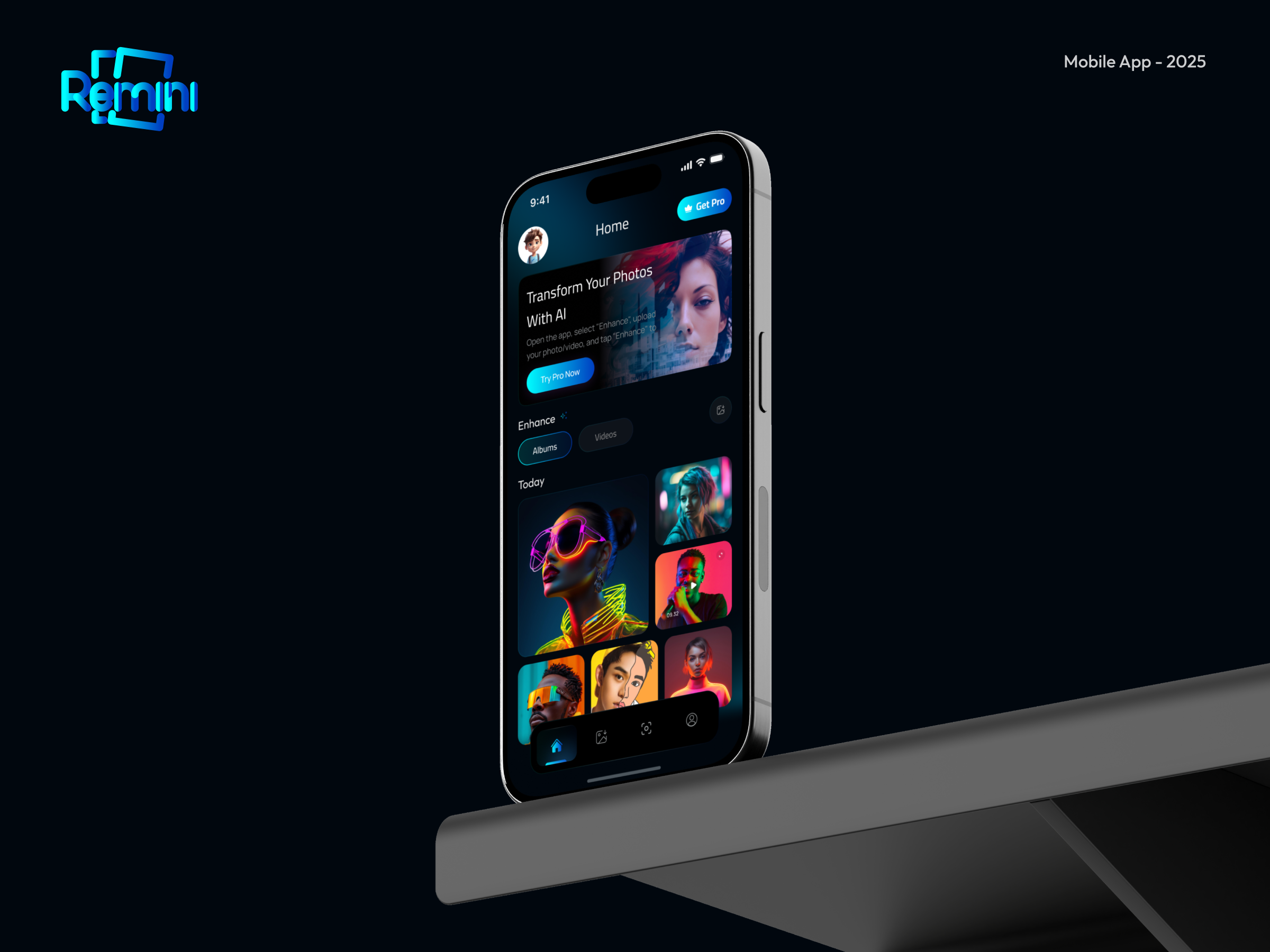 AI Photo Editing App – Remini UI Redesign ai editor ai enhancement ai generated ai photo editor aiapp app app design app redesign dark ui image enhancer app ios mobile mobile app photo editing app remini ui ux ui ux design video editing app