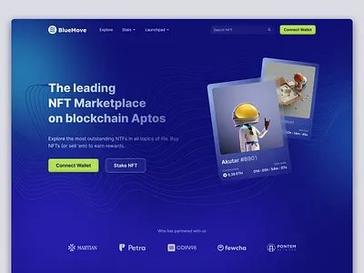 BlueMove – Hero section blockchain blue card crypto defi eth ethereum figma marketplace nft product design token ui uiux user interface ux web web design web3
