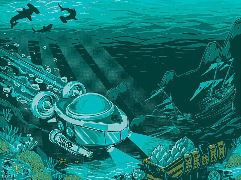 Sierra Nevada Pitch: Color Reduction 2d ale beer bottle brewery brewing can digital painting illustration label ocean packaging procreate sea shark shipwreck sub submarine water