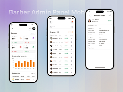 Barber Admin Panel Mobile App admin dashboard admin mobile app appointment scheduler barber admin panel barber app barber business barber dashboard barber shop management barbershop app barbershop management clean dashboard hair salon app haircut booking app mobile app mobile app design modern ui salon management shop owner dashboard staff management app user friendly interface