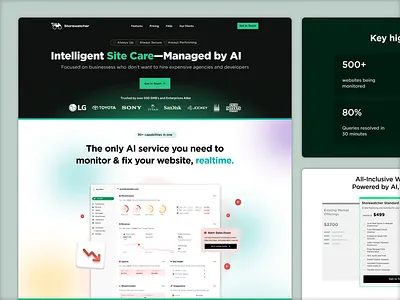 Storewatcher Homepage – AI-Powered Website Monitoring ai ai monitoring b2b design b2b site before after branding clean ui dark mode homepage light mode logo modern web design neon neon green saas design saas website tech branding tech website ui website design