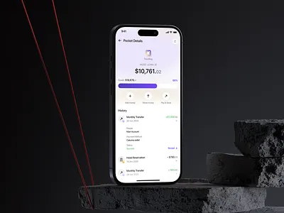 Banking & Fintech App: Savings Goal Pocket app design bank fdvn finance financial fintech goal mobile app mobile banking money payment personal finance product design progress savings tracker transaction transactions uiux wallet