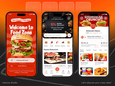 Food Delivery App UI – Onboarding, Home, Tracking & Checkout app onboarding screen branding cart and upsell case study checkout flow dark background ui delivery tracking ui discount badge design food delivery app ui food ordering app ios mobile ui menu and addons ux order status tracking product design promo banner ui restaurant app design restaurant detail page restaurant list cards search and filter ui ui design