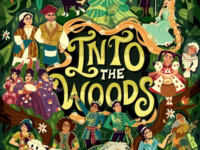 Into The Woods Illustrated Poster broadway character art character design flat design hand lettering illustration into the woods lettering musical theater typography